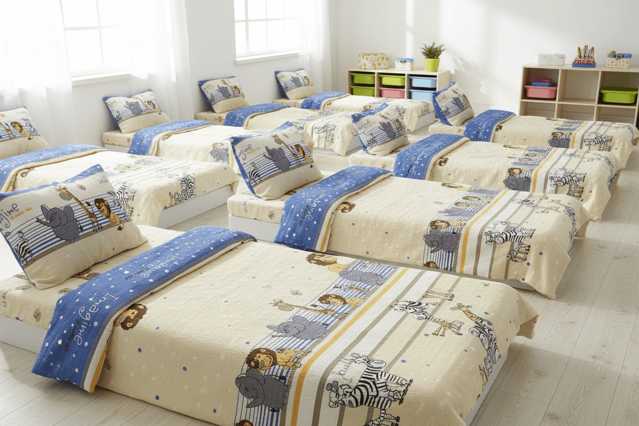 Krepové dětské povlečení do školky „Zvířátka Zoo modrá“